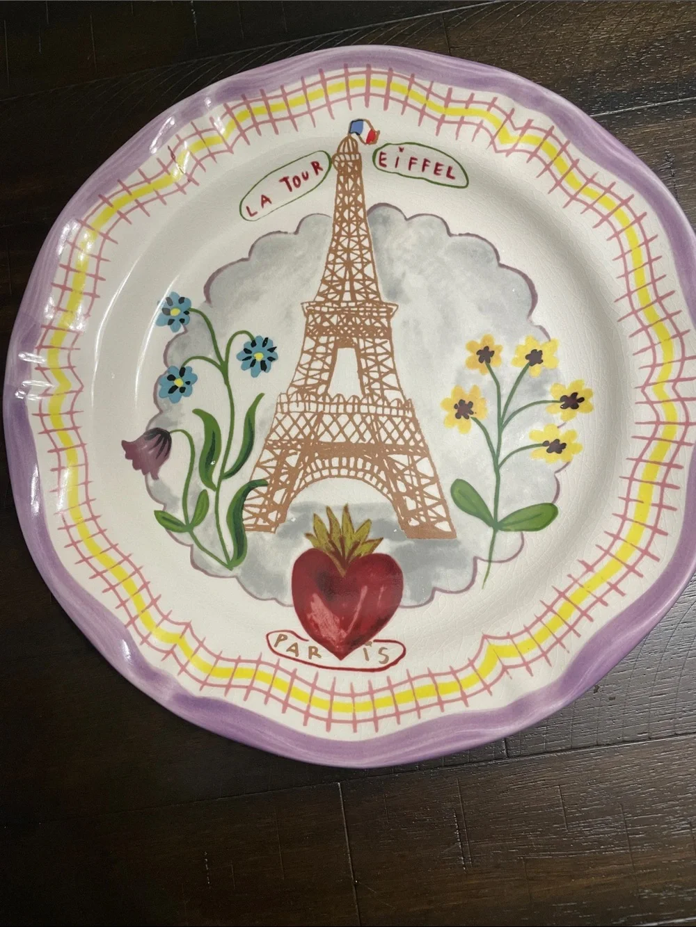 Anthropologie Purple-Trim Eiffel Tower Decorative Plate